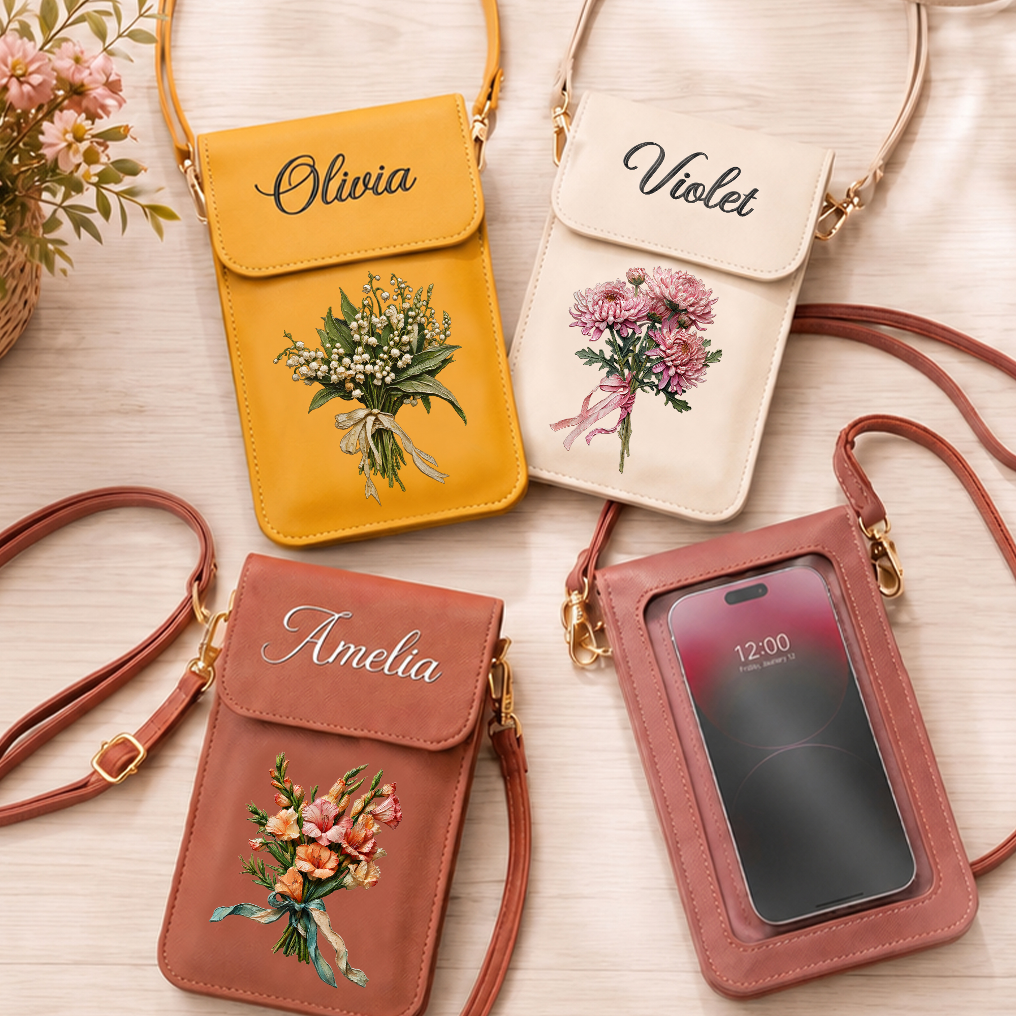 Personalisierte Umhängetasche aus PU-Leder mit Ölgemälde, Geburtsblume, verstellbarem Riemen, Touchscreen-Fenster sowie Namenszug – Geschenk zum Geburtstag oder Jubiläum für Frauen