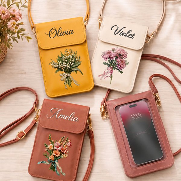 Personalized Oil Painting Birth Flower PU Leather Adjustable Crossbody Bag with Touch Screen Window and Name Birthday Anniversary Gift for Women