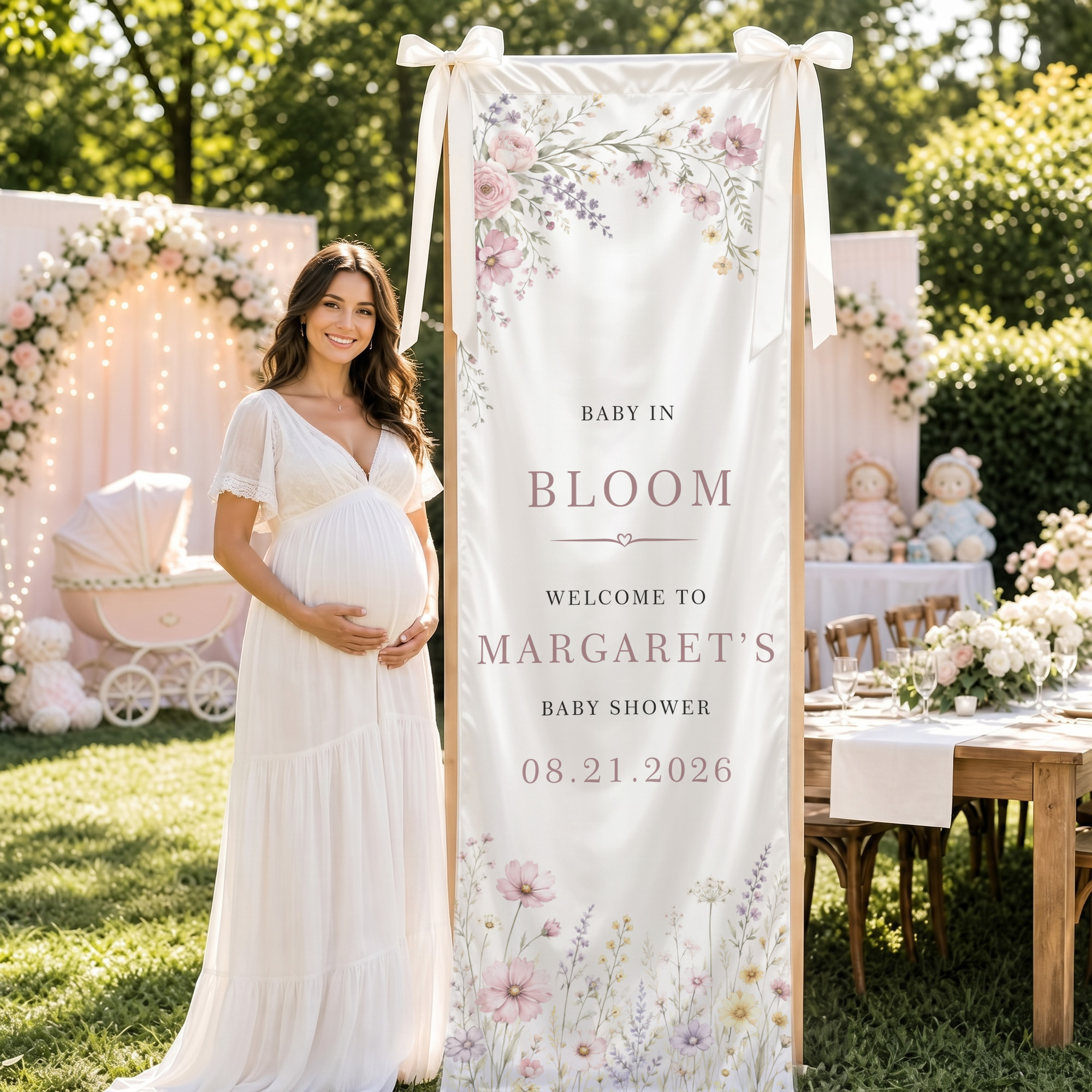 Individuell gestaltetes Willkommensbanner „Wildflower Baby in Bloom“ mit Schleife, Namen und Datum – Partydekoration, Babyparty, Geschlechtsenthüllung, Geschenk für die werdende Mutter
