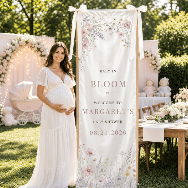 Personalised Wildflower Baby in Bloom Bow Welcome Banner with Name and Date Party Decor Baby Shower Gender Reveal Gift for Expecting Mum