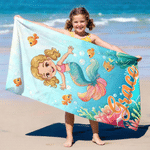 Personalized Mermaid Theme Cartoon Kid Photo Quick Dry Oversized Beach Towel with Name Summer Vacation Beach Party Birthday Gift for Kids