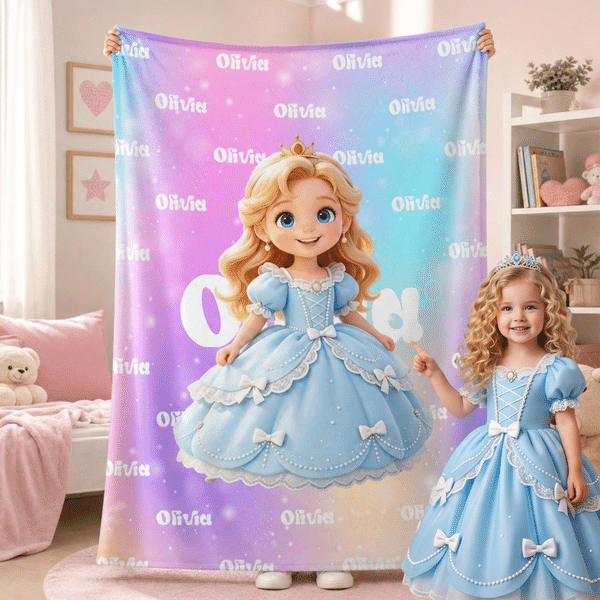 Personalized Multicolor Cartoon Princess Character Photo Soft Throw Blanket with Name Home Decor Birthday Gift for Girls