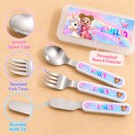 Personalized Fantasy Unicorn Dinosaur Safe Stainless Steel Fork Spoon Knife 3 Pcs Cutlery Set with Name and Case Back to School Birthday Gift for Kid