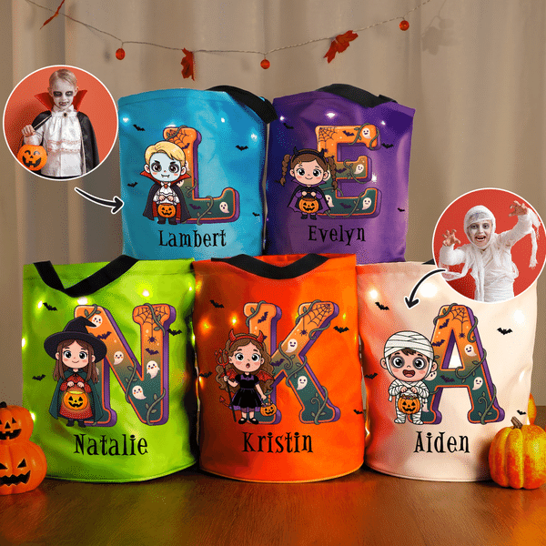 Spersonalizowana torba z motywem halloweenowym, z postaciami z kreskówek i lampką LED – prezent dla dzieci na Halloween z okazji zabawy „Cukierek albo psikus”