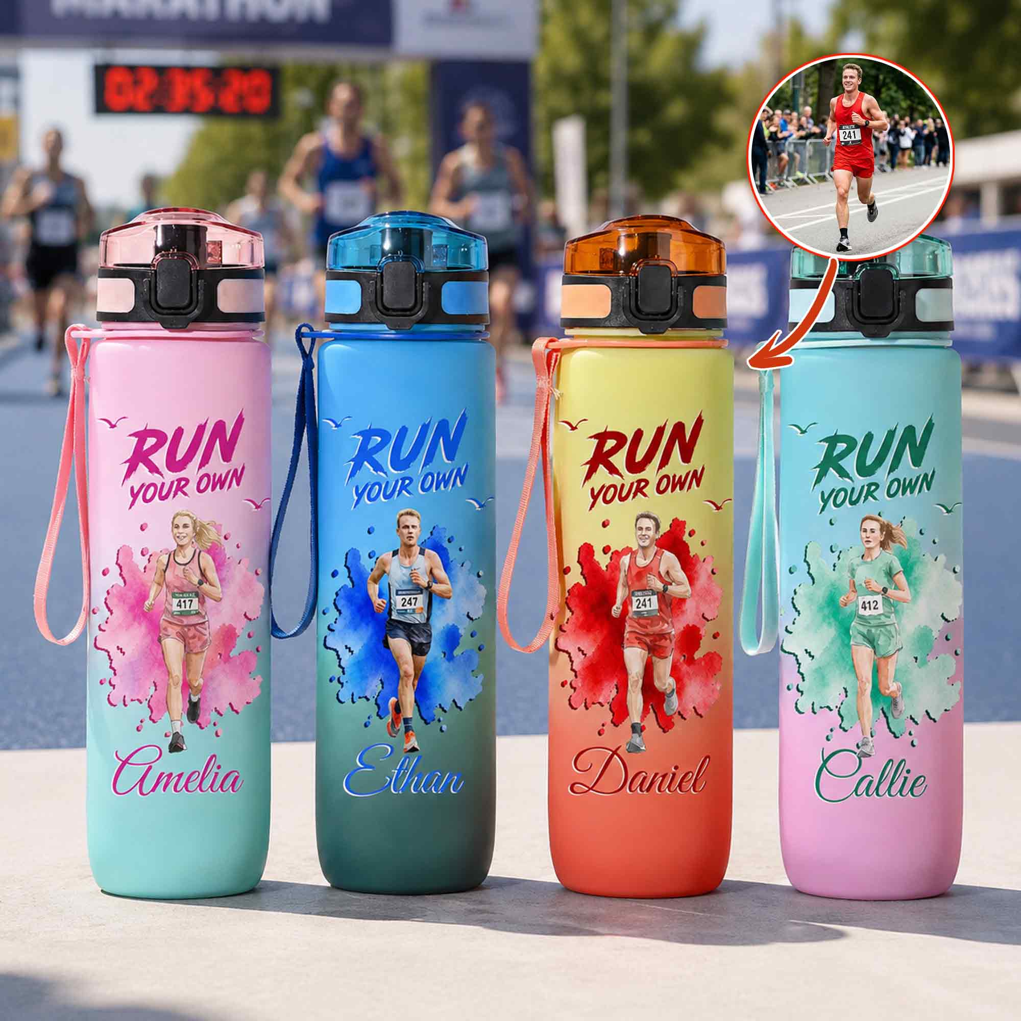Personalisierte BPA-freie Trinkflasche im Aquarellstil mit Marathon-Sportmotiv, Namen und Klappverschluss – das perfekte Geschenk zum Spieltag oder Geburtstag für Marathon-Fans
