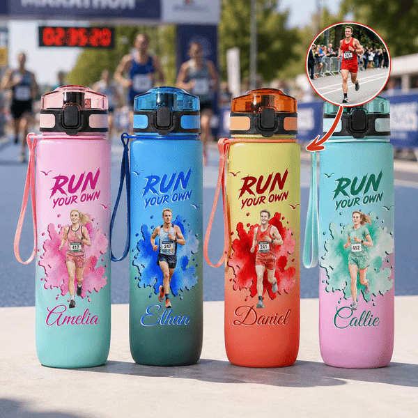 Personalised Watercolour Style Marathon Sports Photo BPA-Free Water Bottle with Name and Flip Top Game Day Birthday Gift for Marathon Lover