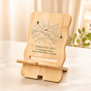Personalized Map Green Waypoint Heart Symbol Where We Met Wooden Phone Holder with Address Daily Use Birthday Gift for Couple