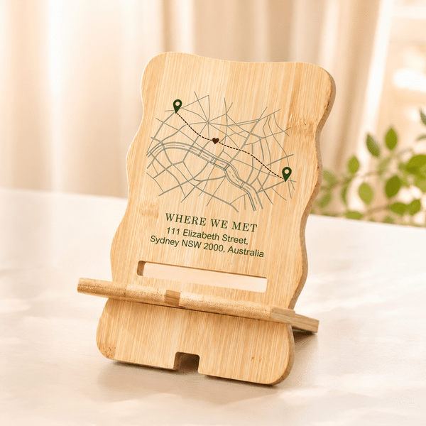 Personalized Map Green Waypoint Heart Symbol Where We Met Wooden Phone Holder with Address Daily Use Birthday Gift for Couple