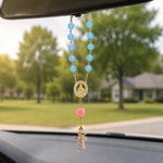 Personalised Virgin Mary Steering Wheel Rosary Charm with Cross and Name Car Decor Baptism Christmas Religious Gift for Christians Women Drivers