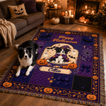 Personalised Retro Halloween Witch Hat Pet Photo Soft Tassel Blanket with Name Home Decor Halloween Party Gift for Pet Lover