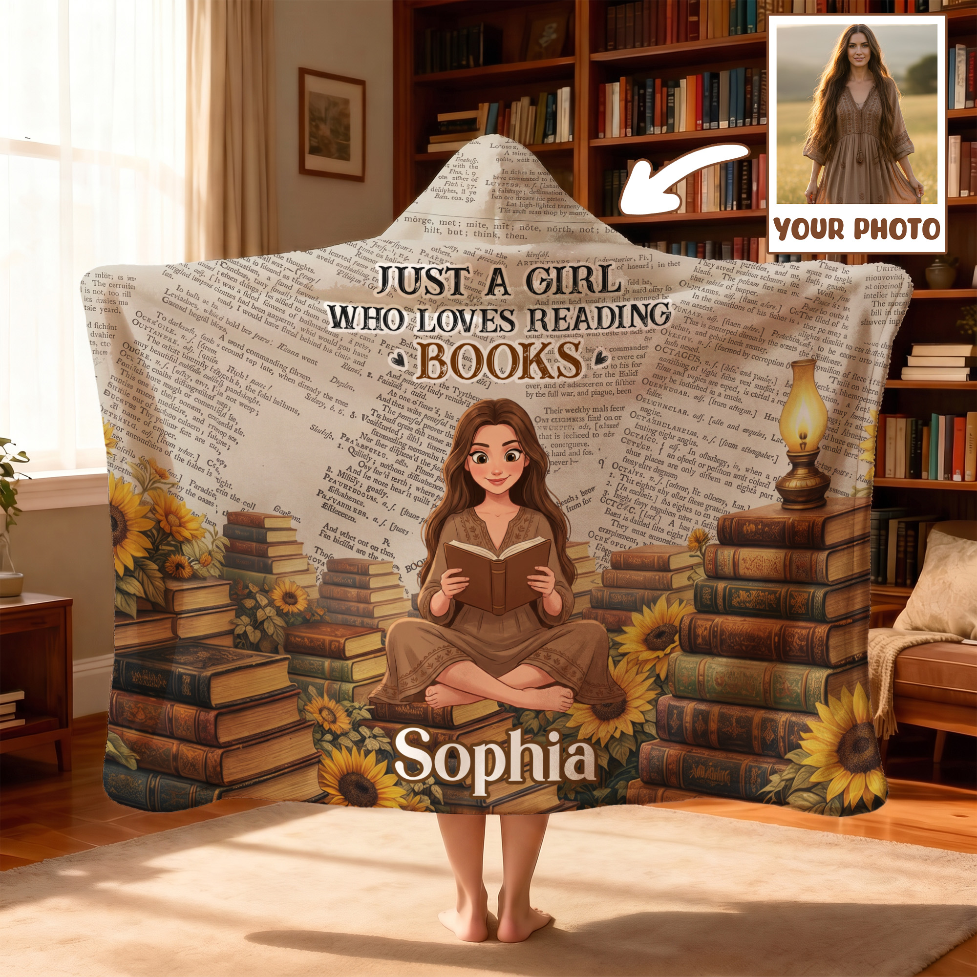 Individuell gestaltete Kapuzen-Decke im 3D-Stil mit einer Figur, die ein Buch liest, sowie Namen und Text – Wohnaccessoire und Geburtstagsgeschenk für Bücherwürmer und Buchliebhaber