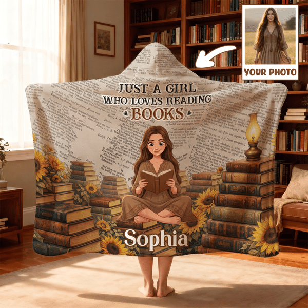 Personalised 3D-Style Artwork Book-Reading Character Photo Hooded Blanket with Name and Text Reading Home Decor Birthday Gift for Bookworm Book Lover