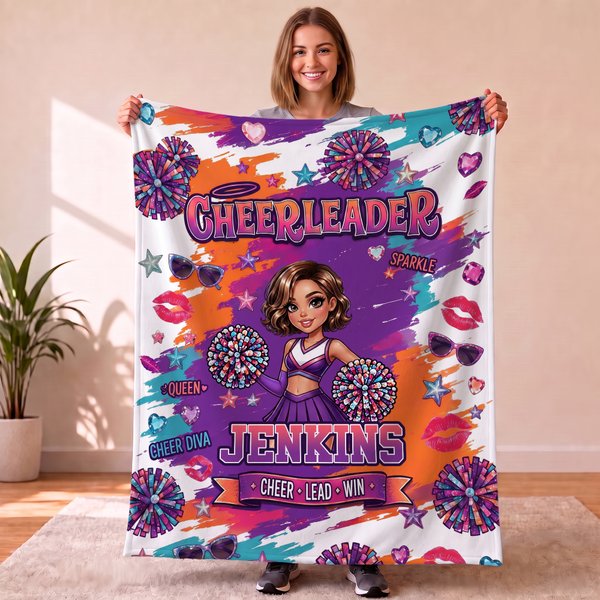 Personalised Cartoon Cheerleader Girl Fleece Soft Throw Blanket with Name and Photo Home Decor Cheer Camp Anniversary Gift for Cheerleaders