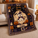 Personalised Retro Halloween Witch Hat Pet Photo Soft Tassel Blanket with Name Home Decor Halloween Party Gift for Pet Lover