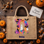 Personlig jute-tygväska med spök- och pumpamotiv, slitstark och rymlig, med namn och initialer – en perfekt ”trick or treat”-present till Halloween-entusiaster