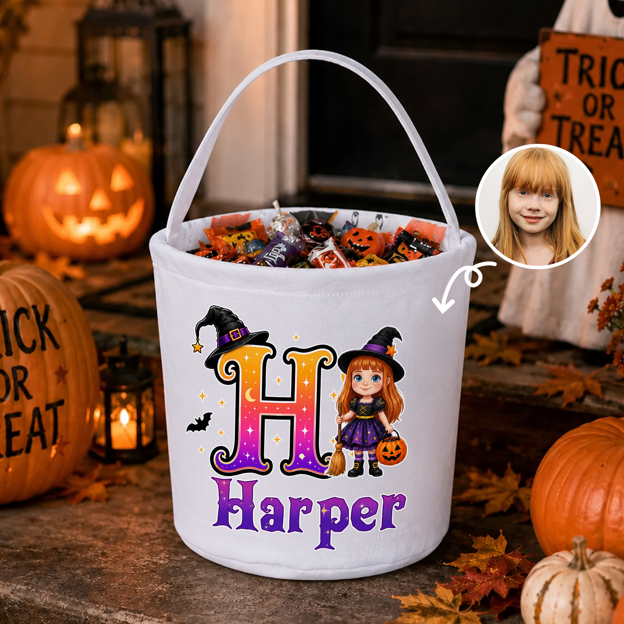 Personalisierte, niedliche Halloween-Leinentasche im Cartoon-Stil für Jungen und Mädchen mit Namen und Initialen – Halloween-Party-Geschenk für Kinder