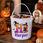 Personalised Cute Halloween Cartoon Boy Girl Canvas Bucket Bag with Name and Initial Halloween Party Gift for Kids