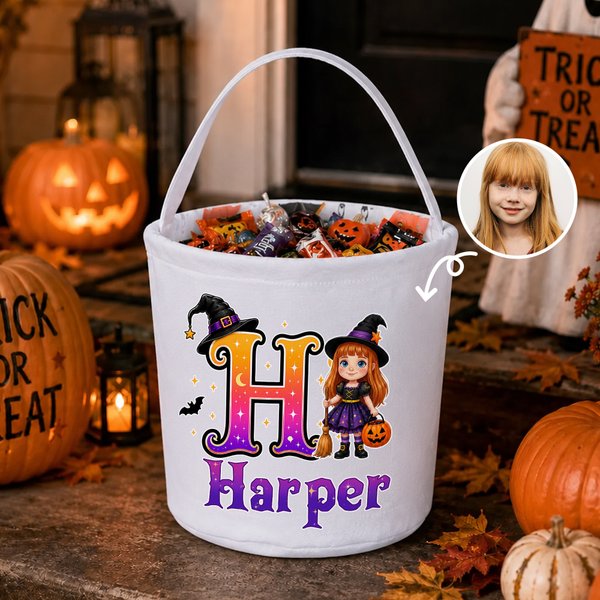 Personalised Cute Halloween Cartoon Boy Girl Canvas Bucket Bag with Name and Initial Halloween Party Gift for Kids