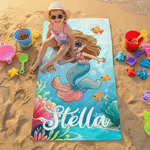Personalized Mermaid Theme Cartoon Kid Photo Quick Dry Oversized Beach Towel with Name Summer Vacation Beach Party Birthday Gift for Kids