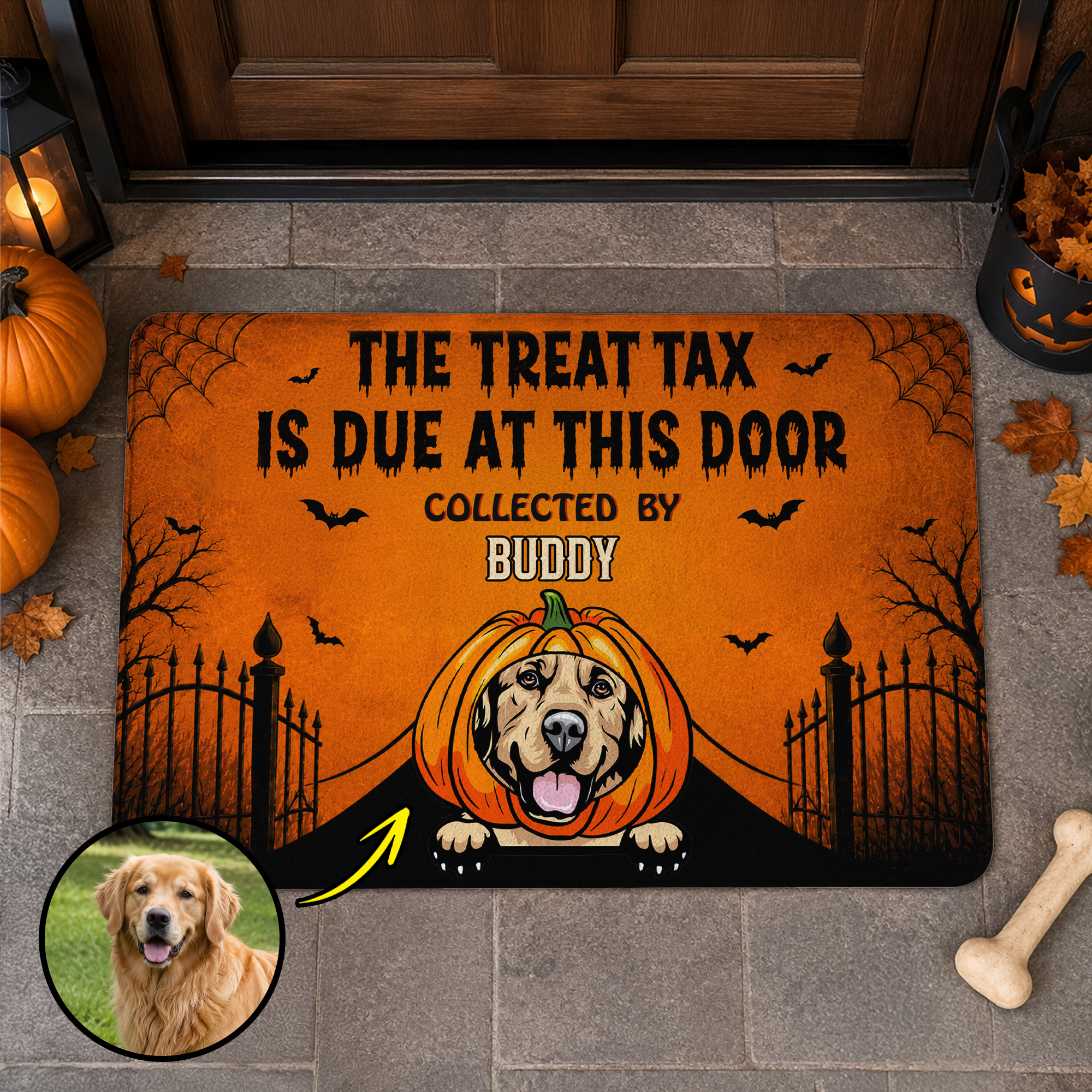Individuell gestaltete Retro-Halloween-Fußmatte für Haustiere mit Namen und Foto – Wohnaccessoire und Halloween-Geschenk für Tierhalter und Tierfreunde