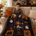 Personalised Retro Halloween Witch Hat Pet Photo Soft Tassel Blanket with Name Home Decor Halloween Party Gift for Pet Lover