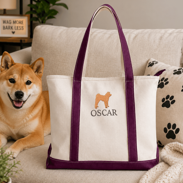 Personalized Multicolor Embroidery Cute Dog Portrait Silhouette Canvas Tote Bag with Name Birthday Gift for Pet Lovers Dog Walker