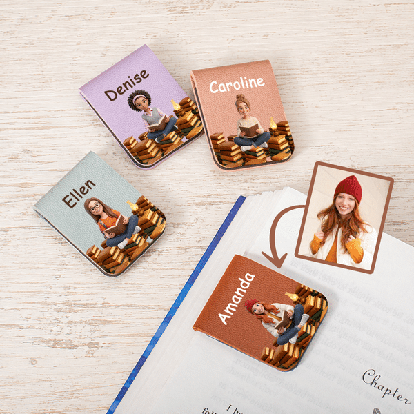 Personalised 3D-Style Character Artwork Photo PU Leather Magnetic Bookmark Clip with Name Birthday Back to School Gift for Book Lovers Students