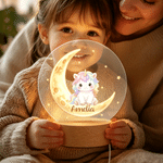 Personalised Cute Cartoon Animal Moon Acrylic LED Night Light with Name and Wooden Base Bedside Decor Birthday Gift for Kids New Parents