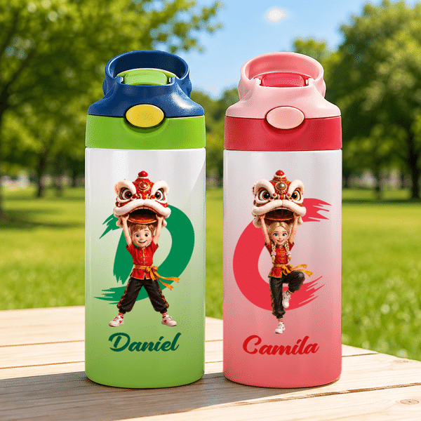 Personalised 3D-Effect Artwork Cartoon Chinese Lion Dance 12 oz Insulated Water Bottle  with Silicone Straw Photo and Name Back to School Gift for Kid