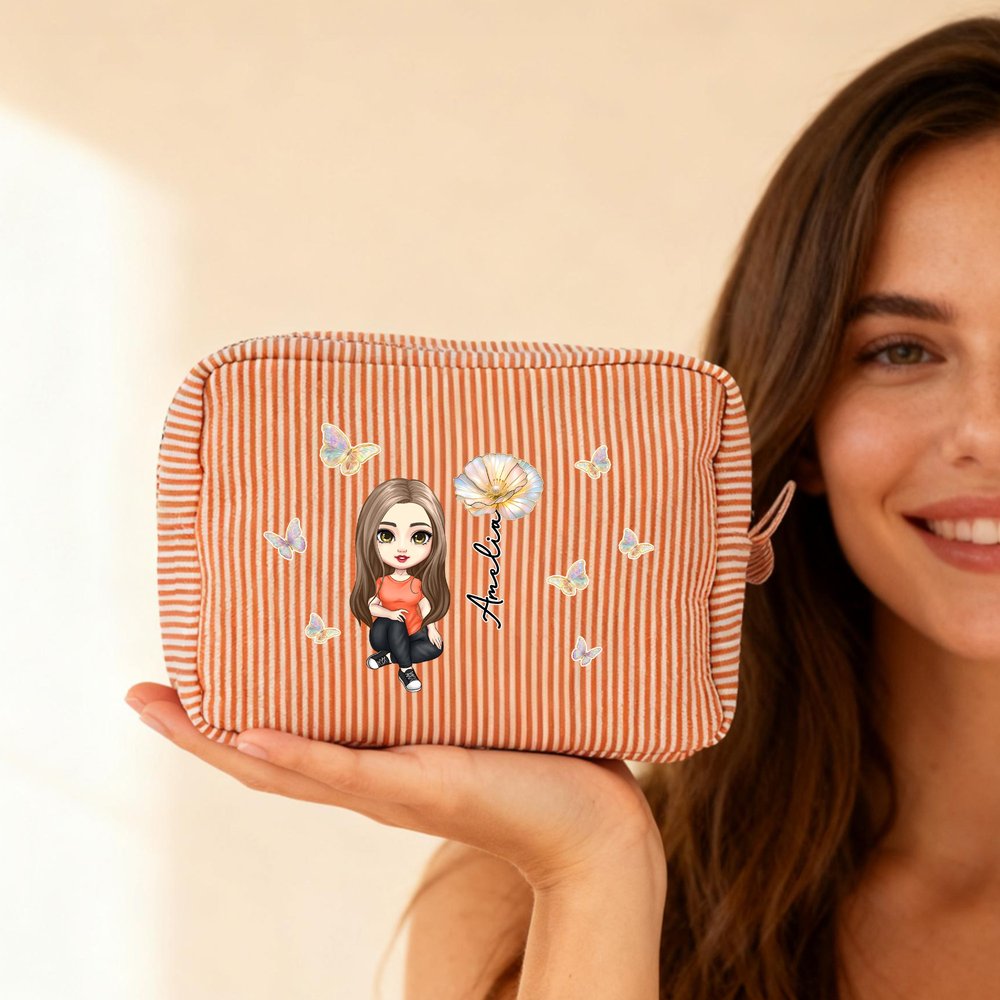 Personalised Multicolour Birth Flower Cartoon Character Striped Makeup Bag with Name Daily Travel Essential Birthday Mother's Day Gift for Women 7
