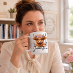 Personalized Birth Flower Highland Cow Multicolor 11 oz 15 oz Ceramic Mug with Coaster Daily Use Birthday Gift for Kids Highland Cow Lovers
