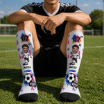 Personalized Soccer King Photo Soft Breathable Crew Sports Socks with Name and Number Game Day Birthday Gift for Sports Lovers Players
