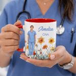 Personalized Birth Flower Cartoon Character Photo 11 oz 15 oz Ceramic Coffee Mug with Name and Text Nurses' Day Birthday Gift for Nurse Doctor