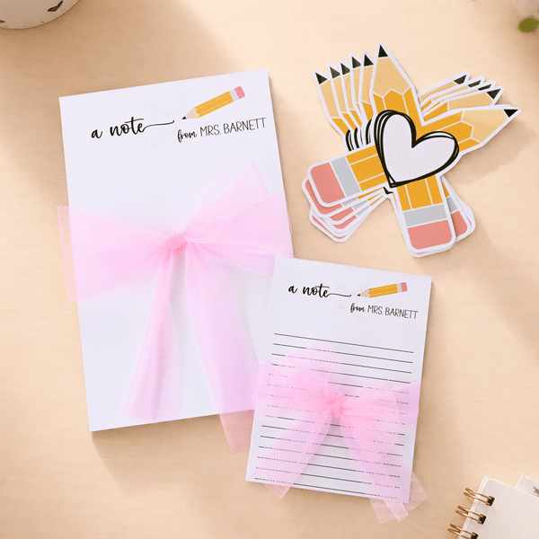 Personalised A Note From Teacher Notepad Memo Pad with Text and 6 Pencil Heart Stickers Back to School Appreciation Gift for Teacher