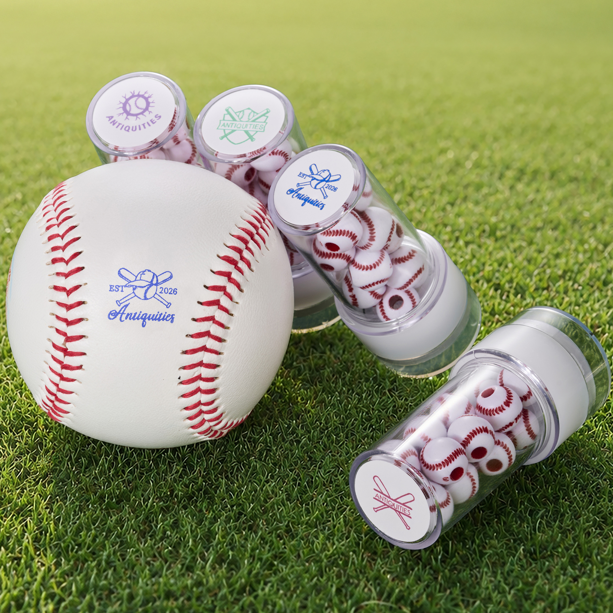 Personalisierter Stempel mit Baseball-Motiv, Namensinitialen und mehrfarbiger Tinte, mit Griff aus Ballperlen – Geburtstagsgeschenk für Baseballspieler und -fans