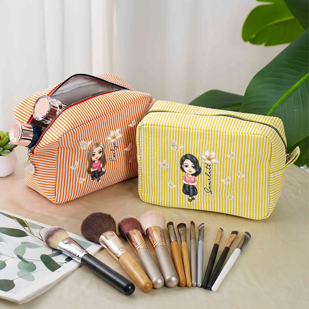 Personalised Multicolour Birth Flower Cartoon Character Striped Makeup Bag with Name Daily Travel Essential Birthday Mother's Day Gift for Women 4