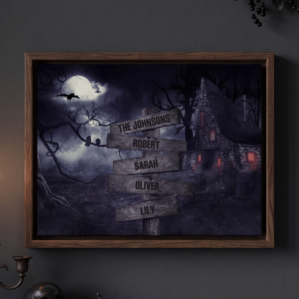 Personalised Halloween Haunted House Canvas Prints with Family Surname and 2-8 Names Living Room Decor Ship from USA Halloween Gift for Family