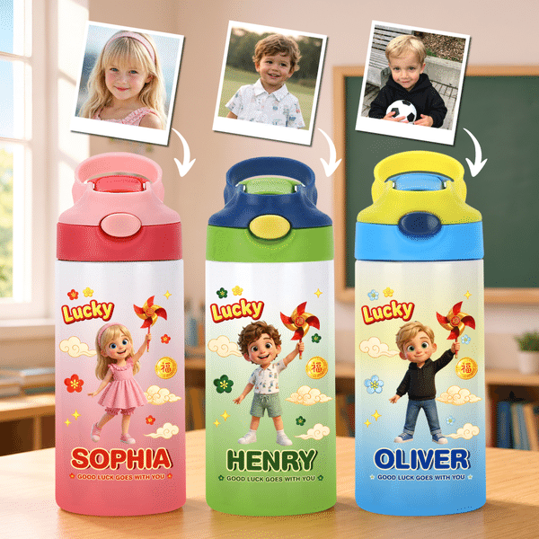 Personalized Lucky Windmill 3D-Effect Artwork Cartoon Character 12 oz Insulated Water Bottle with Name Back to School Birthday Gift for Kid