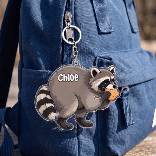 Personalized Name Raccoon Charm Keychain, Candy & Cookie Treat Style, Adorable Wildlife Bag Keepsake, Sentimental Gift for Animal Lovers/Friends