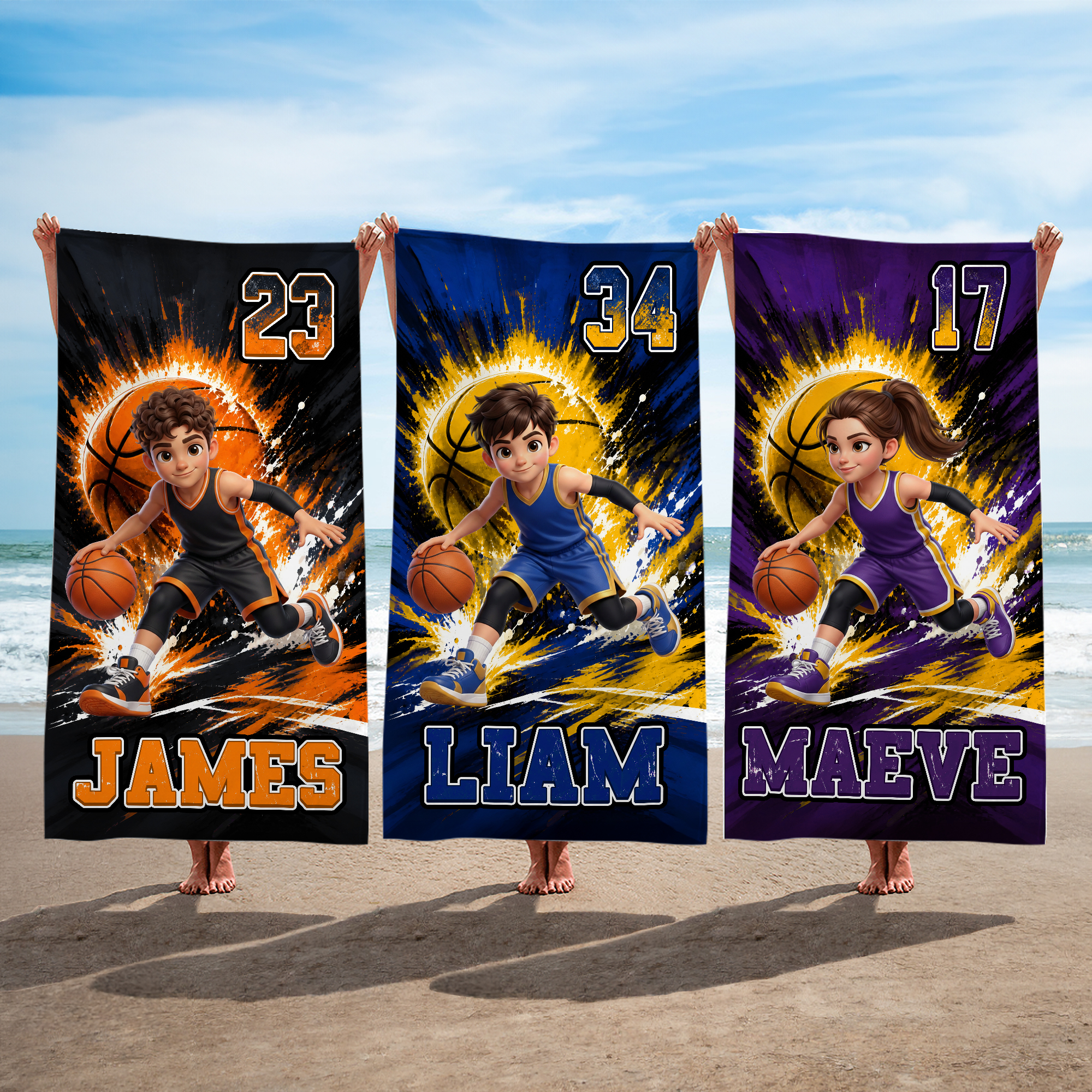 Individuell gestaltetes, übergroßes, schnell trocknendes Strandtuch mit Cartoon-Basketballfigur, Name und Nummer – Strandparty- und Geburtstagsgeschenk für Basketballfans