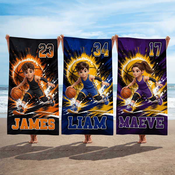 Personalised Cartoon Basketball Character Photo Oversized Quick Dry Beach Towel with Name and Number Beach Party Birthday Gift for Basketball Lovers