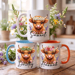 Personalized Birth Flower Highland Cow Multicolor 11 oz 15 oz Ceramic Mug with Coaster Daily Use Birthday Gift for Kids Highland Cow Lovers