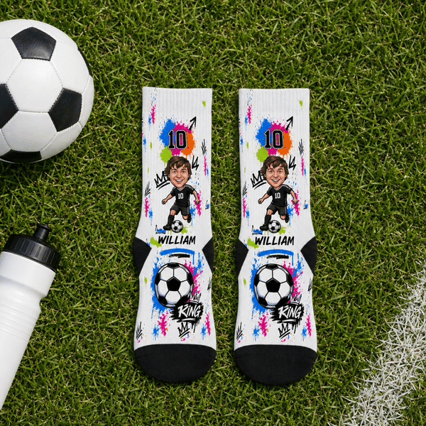 Personalized Soccer King Photo Soft Breathable Crew Sports Socks with Name and Number Game Day Birthday Gift for Sports Lovers Players