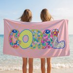 Personalisiertes Strandtuch mit Retro-Boho-Namen | schnelltrocknend | Badetuch | Reisezubehör | Party Geburtstag Sommer Urlaub Geschenk für Frauen