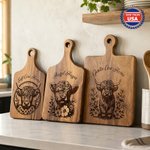 Personalized Flower Highland Cow Wooden Reversible Cutting Board with Engraved Text Grip Ship from USA Housewarming Birthday Gift for Family Friends