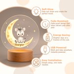 Personalised Cute Cartoon Animal Moon Acrylic LED Night Light with Name and Wooden Base Bedside Decor Birthday Gift for Kids New Parents