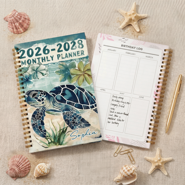 Personalized Cute Summer Turtle Name 2026-2028 Spiral Planner Notebook with Monthly Planner Pages Birthday Christmas Gift for Family Friends