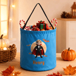 Personalized 3D-Effect Artwork Halloween Witch Ghost Vampire LED Light Bucket Bag with Name Trick or Treat Halloween Party Gift for Boys Girls