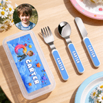 Personalised 3D-Style Cartoon Character Artwork Photo Knife Fork Spoon Three-Piece Set with Name and Initial Back to School Birthday Gift for Children