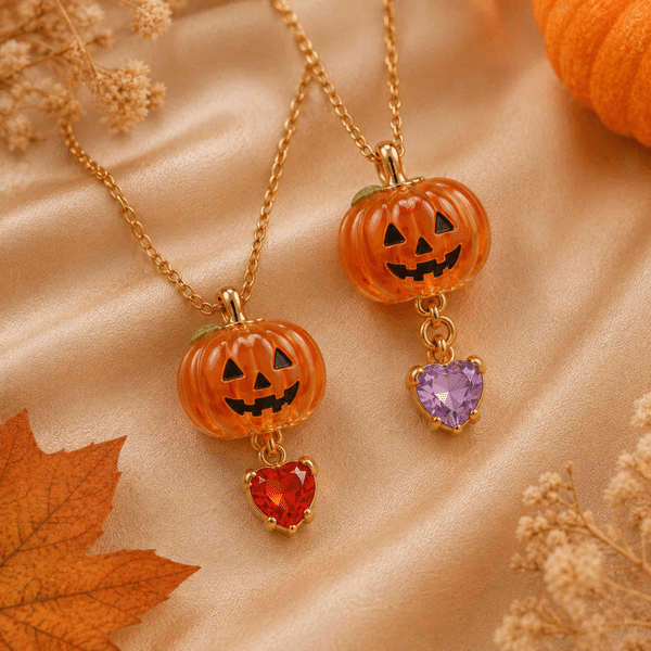 Personalized Halloween Pumpkin Necklace with Heart Birthstone, Sliding Translucent Resin Pumpkin Pendant Necklace, Cute Halloween Gift for Women/Girls